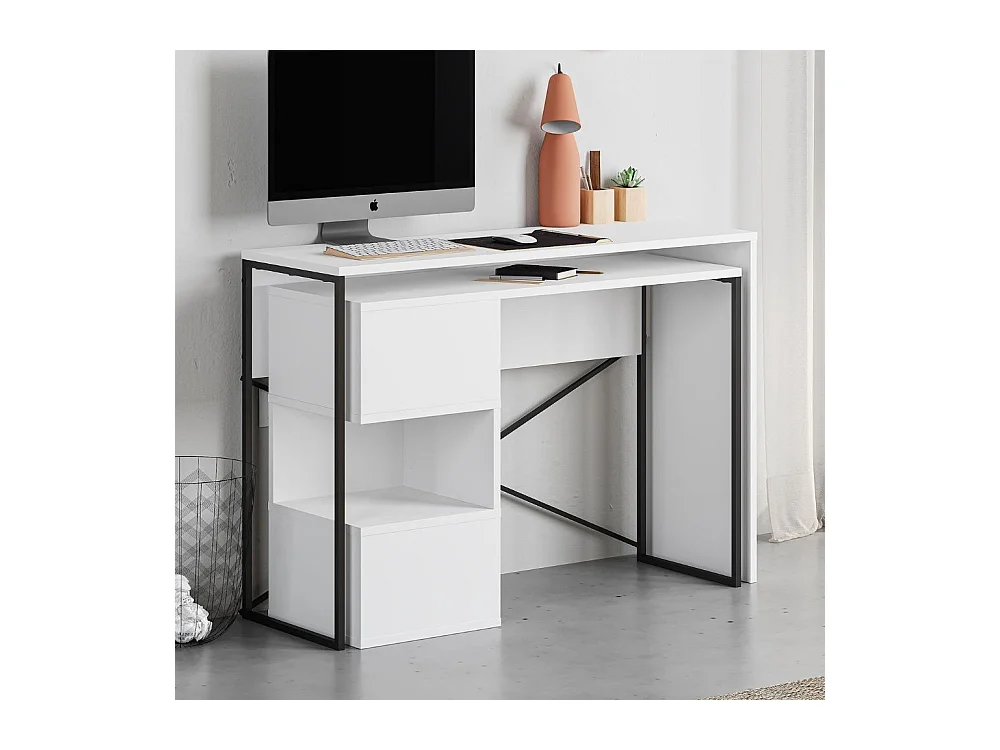 Scrivania salvaspazio espandibile Badau bianco con struttura in metallo nero – Funzionalità e Stile