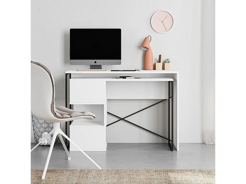 Scrivania salvaspazio espandibile Badau bianco con struttura in metallo nero – Funzionalità e Stile