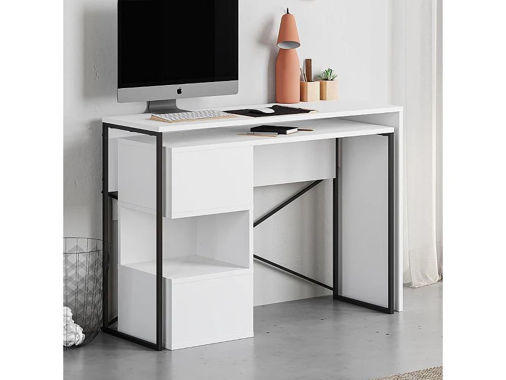 Scrivania salvaspazio espandibile Badau bianco con struttura in metallo nero – Funzionalità e Stile