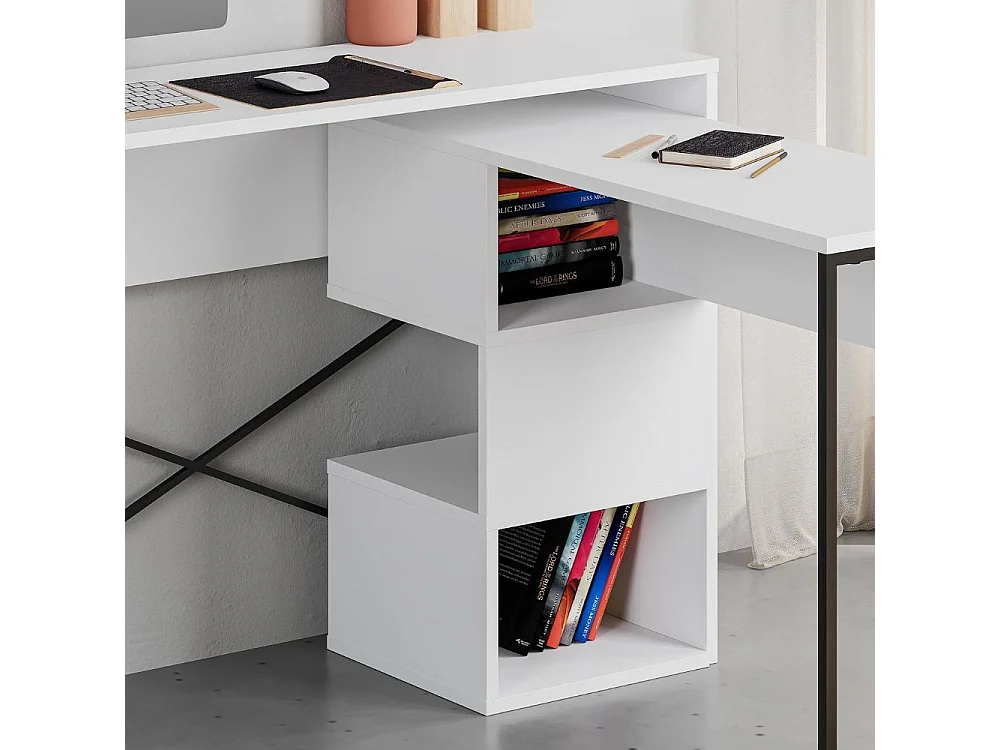 Scrivania salvaspazio espandibile Badau bianco con struttura in metallo nero – Funzionalità e Stile