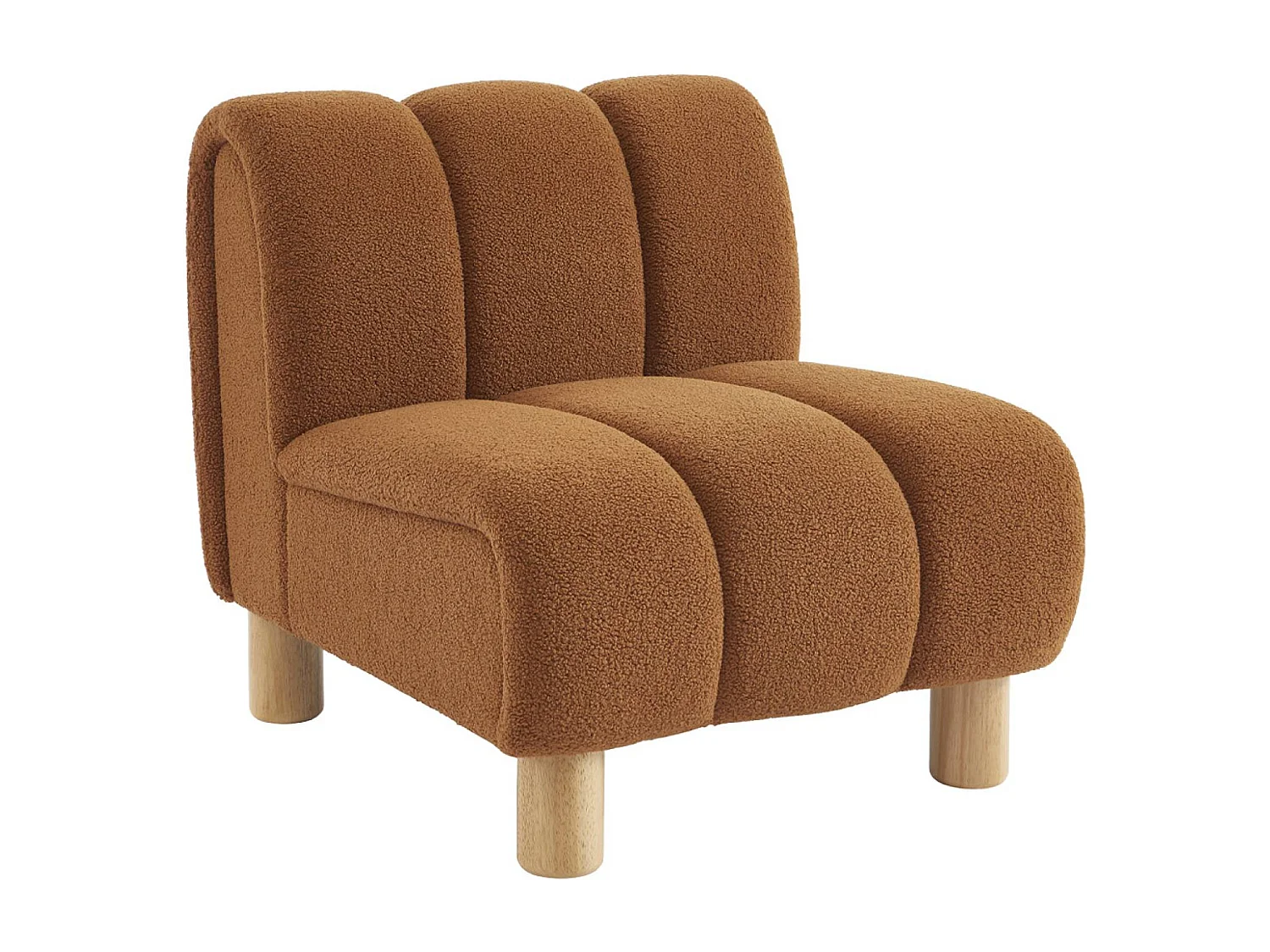 Poltrona relax con gambe rotonde in legno e tessuto bouclé, camel