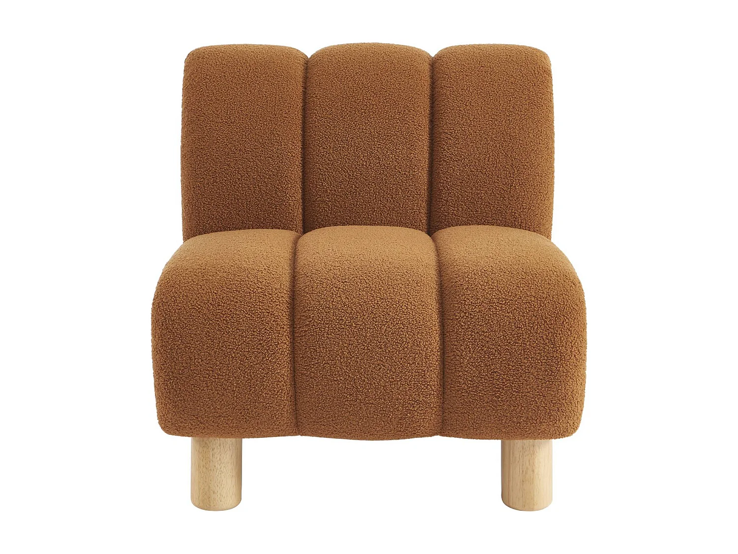 Poltrona relax con gambe rotonde in legno e tessuto bouclé, camel