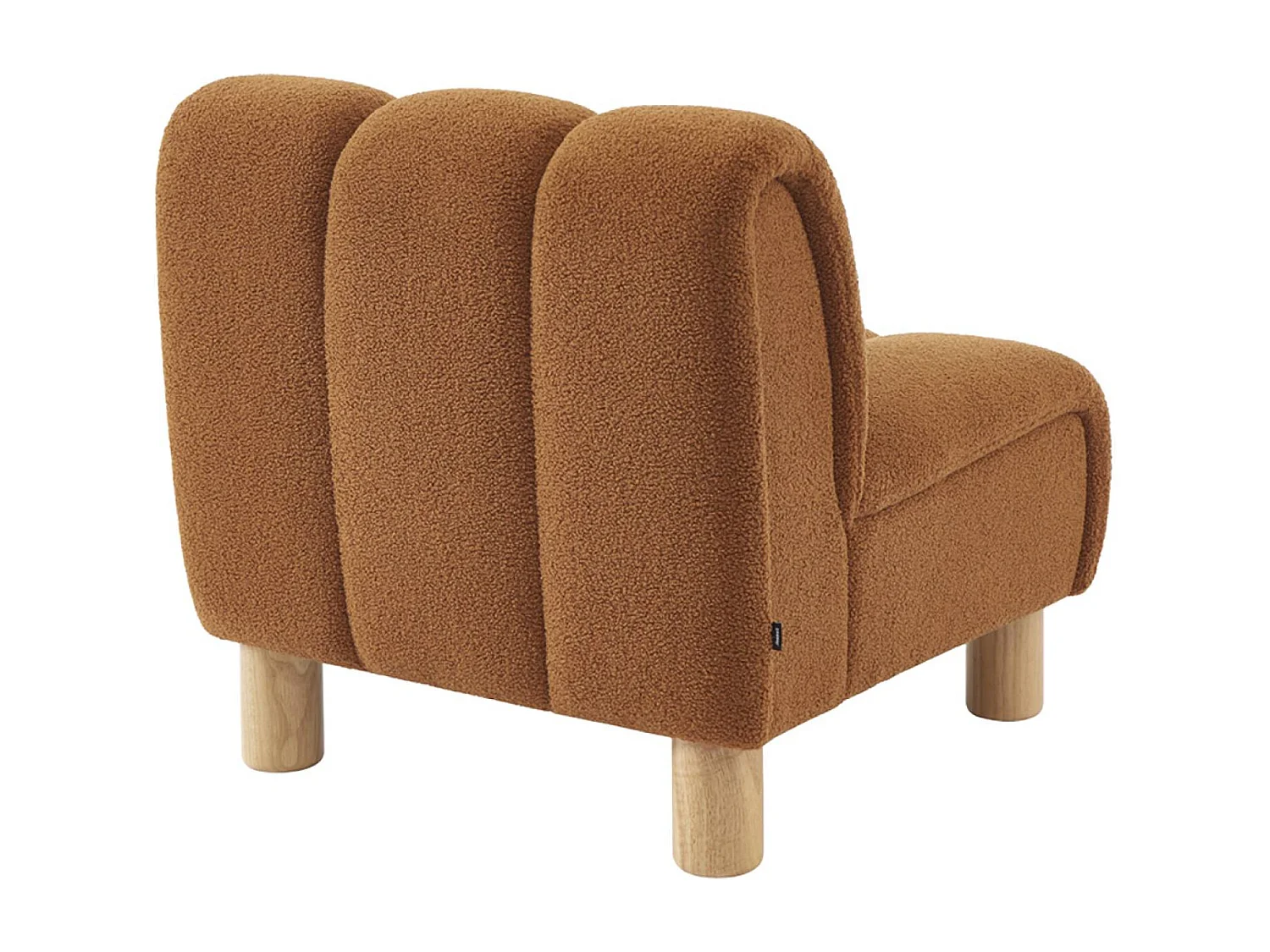 Poltrona relax con gambe rotonde in legno e tessuto bouclé, camel