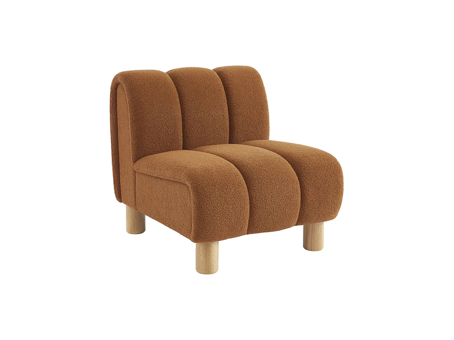 Poltrona relax con gambe rotonde in legno e tessuto bouclé, camel