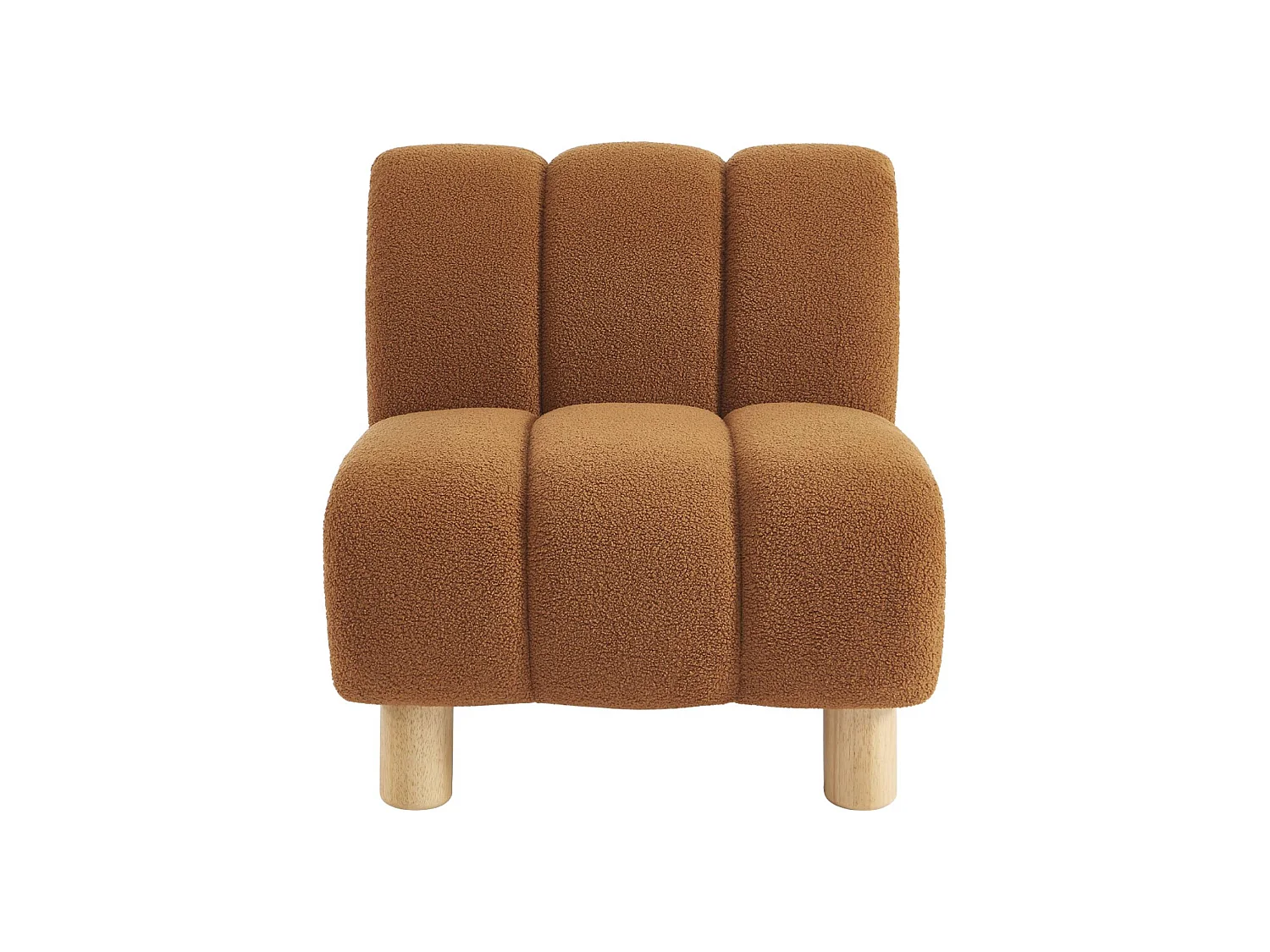Poltrona relax con gambe rotonde in legno e tessuto bouclé, camel