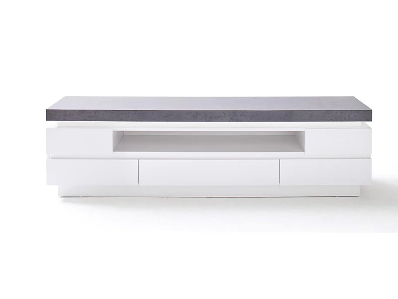 Meuble TV en bois coloris blanc mat, gris béton - Longueur 175 x Hauteur 48 x Profondeur 40 cm