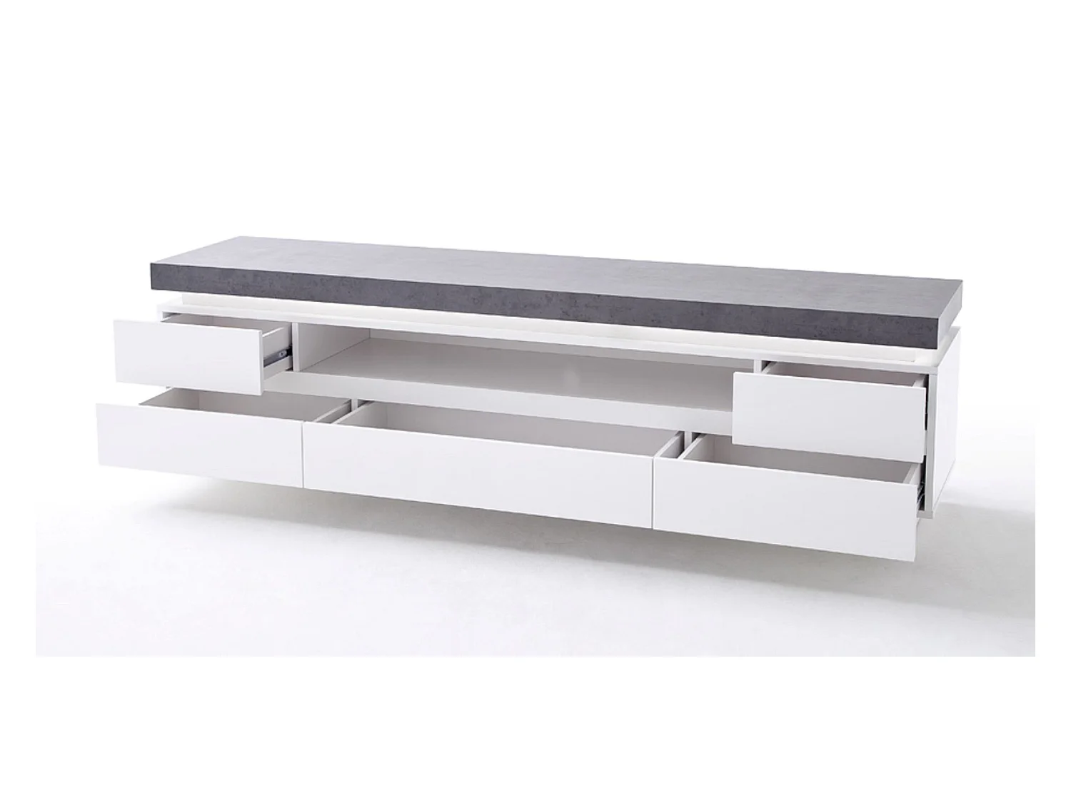 Meuble TV en bois coloris blanc mat, gris béton - Longueur 175 x Hauteur 48 x Profondeur 40 cm