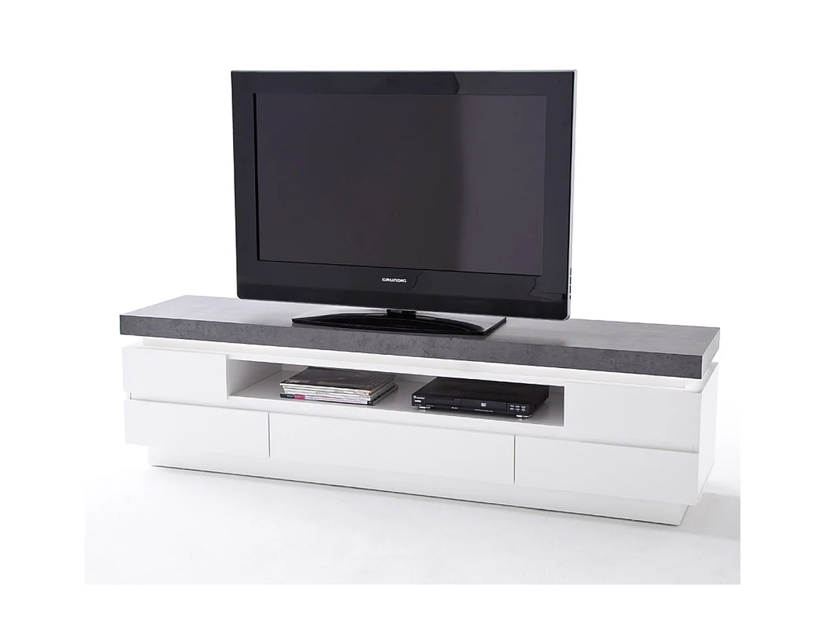 Meuble TV en bois coloris blanc mat, gris béton - Longueur 175 x Hauteur 48 x Profondeur 40 cm