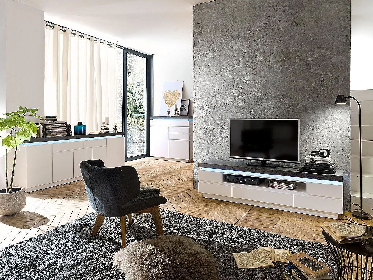 Meuble TV en bois coloris blanc mat, gris béton - Longueur 175 x Hauteur 48 x Profondeur 40 cm