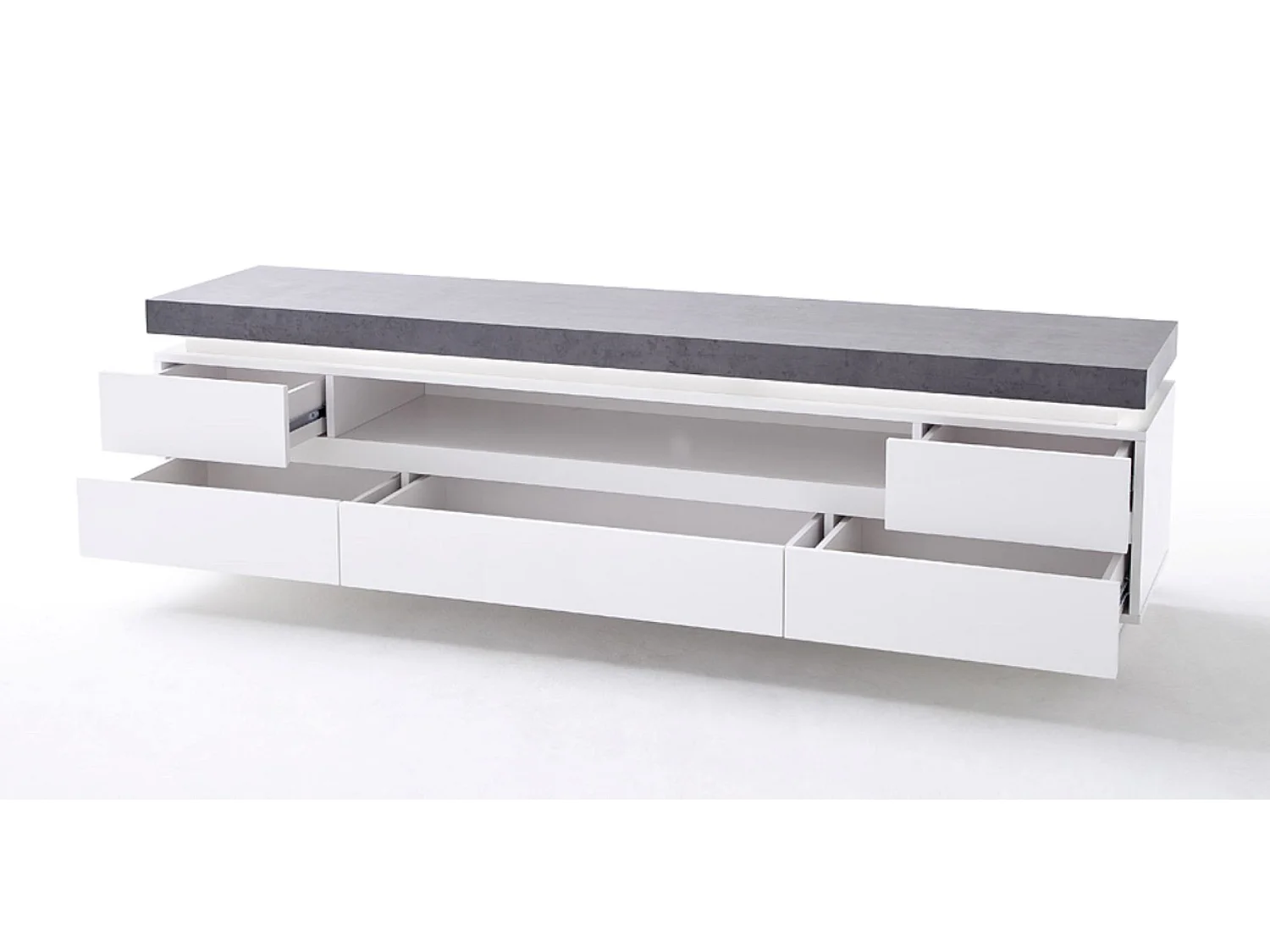 Meuble TV en bois coloris blanc mat, gris béton - Longueur 175 x Hauteur 48 x Profondeur 40 cm