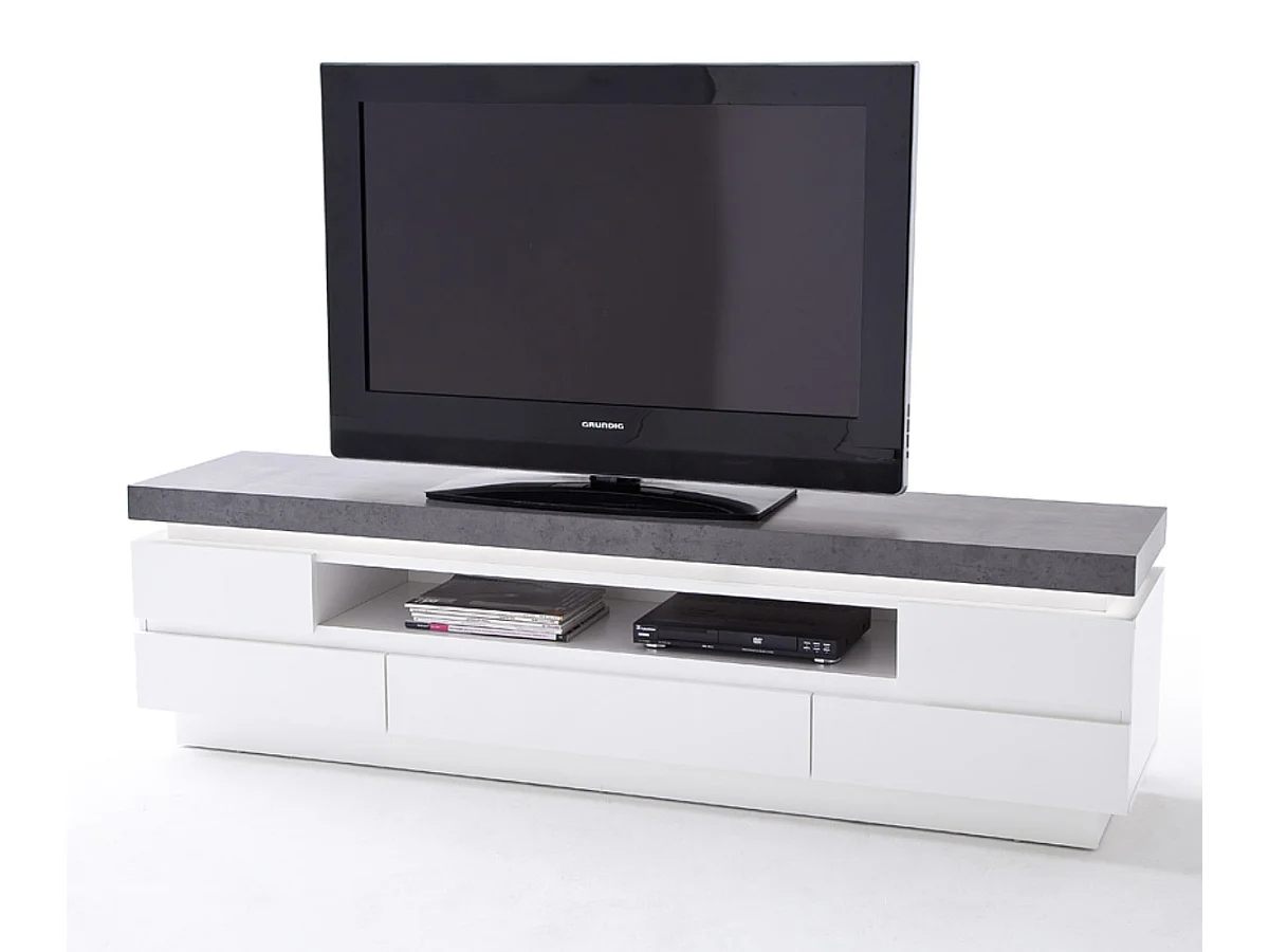 Meuble TV en bois coloris blanc mat, gris béton - Longueur 175 x Hauteur 48 x Profondeur 40 cm