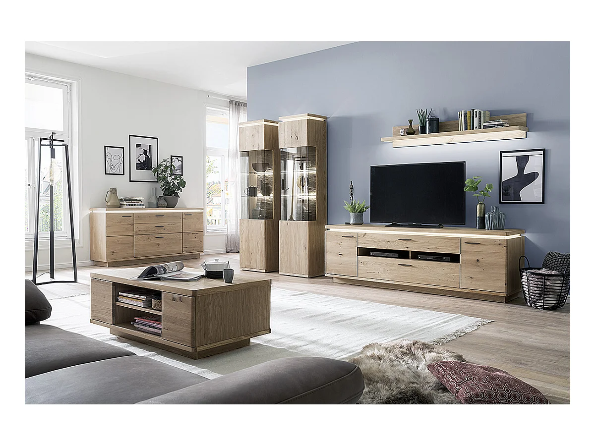 Meuble TV en bois coloris chêne bianco - Longueur 210 x Hauteur 68 x Profondeur 50 cm