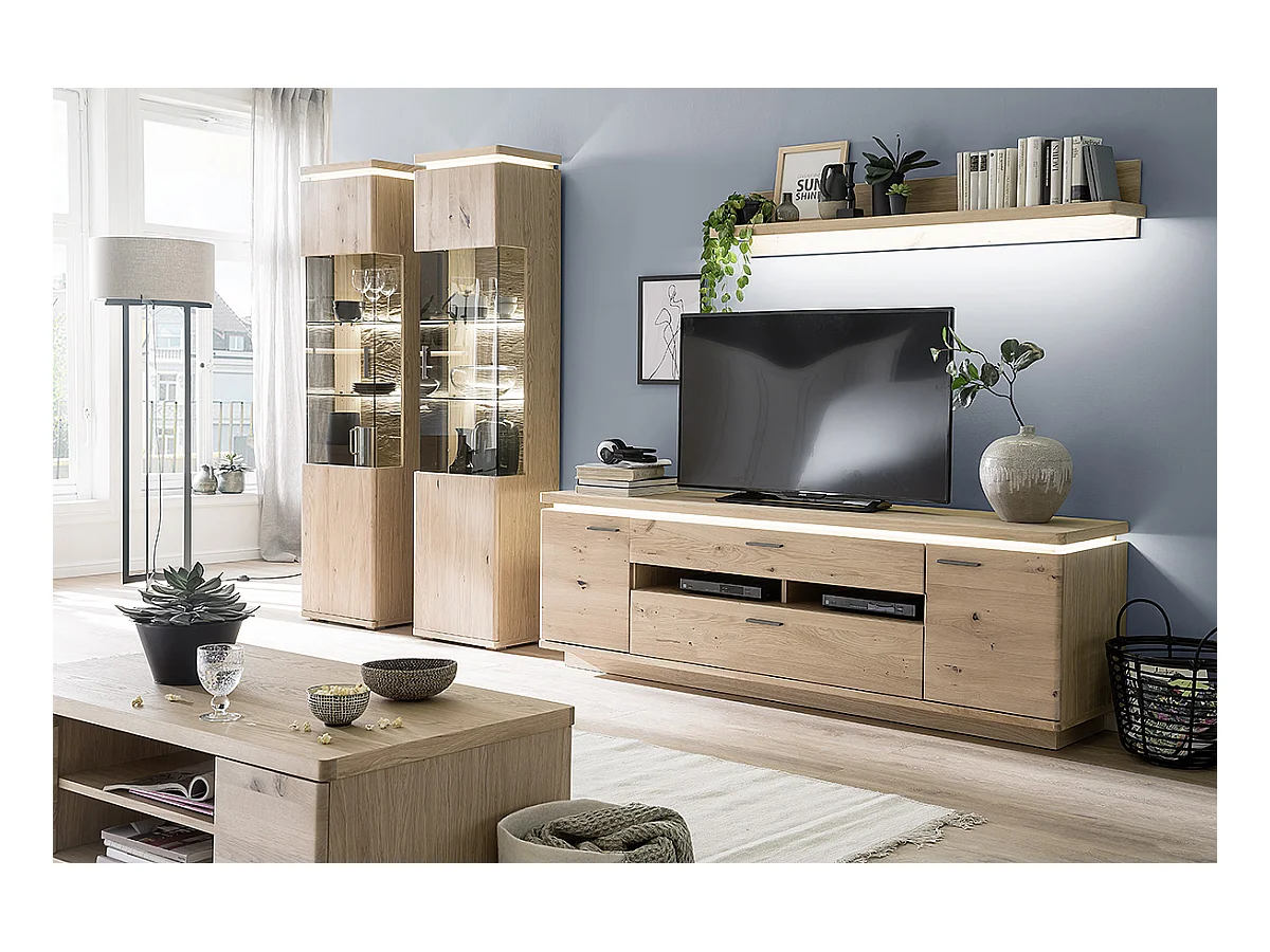 Meuble TV en bois coloris chêne bianco - Longueur 210 x Hauteur 68 x Profondeur 50 cm