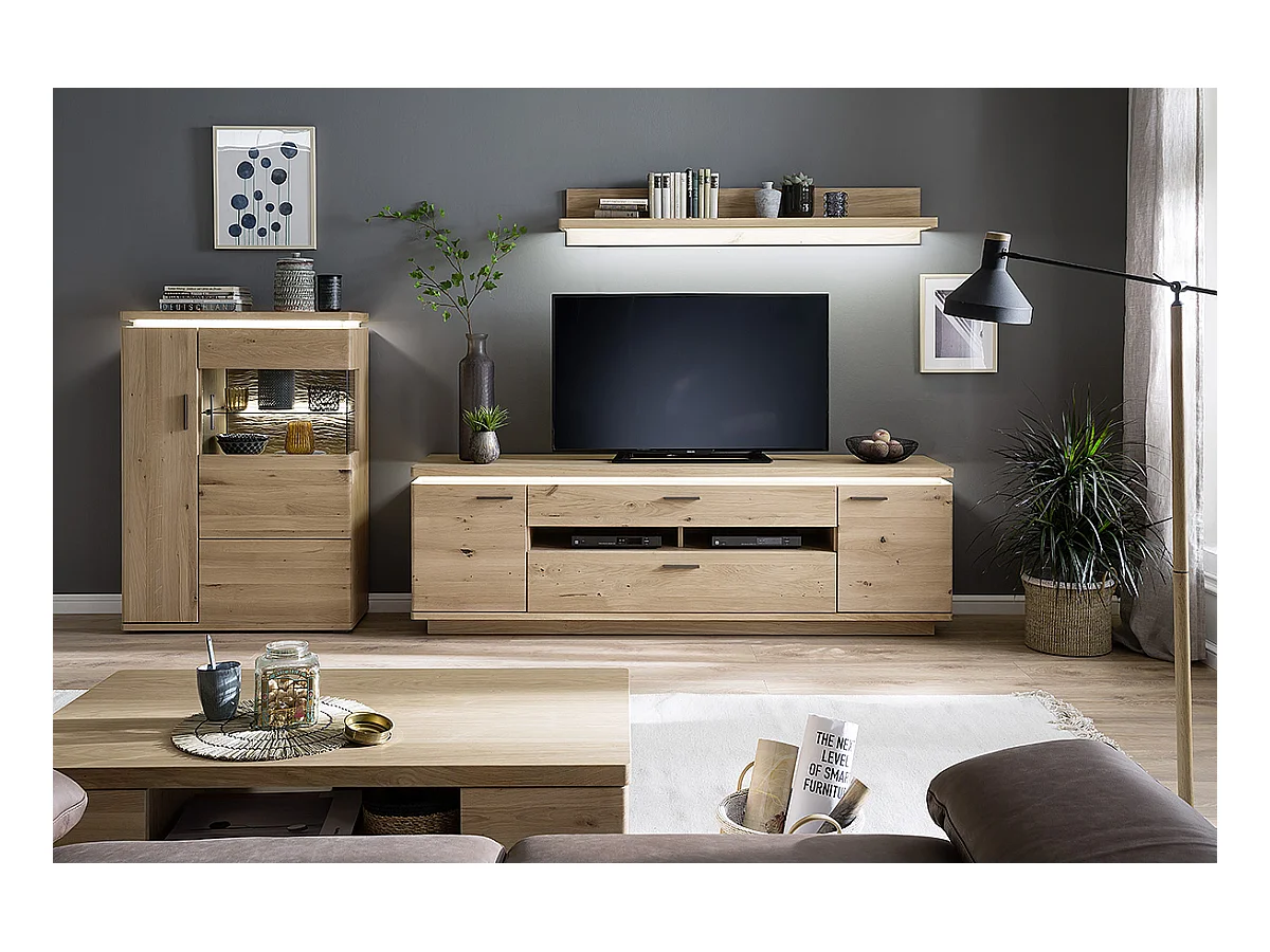 Meuble TV en bois coloris chêne bianco - Longueur 210 x Hauteur 68 x Profondeur 50 cm