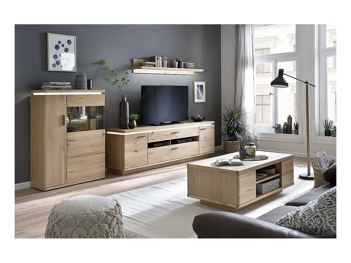 Meuble TV en bois coloris chêne bianco - Longueur 210 x Hauteur 68 x Profondeur 50 cm