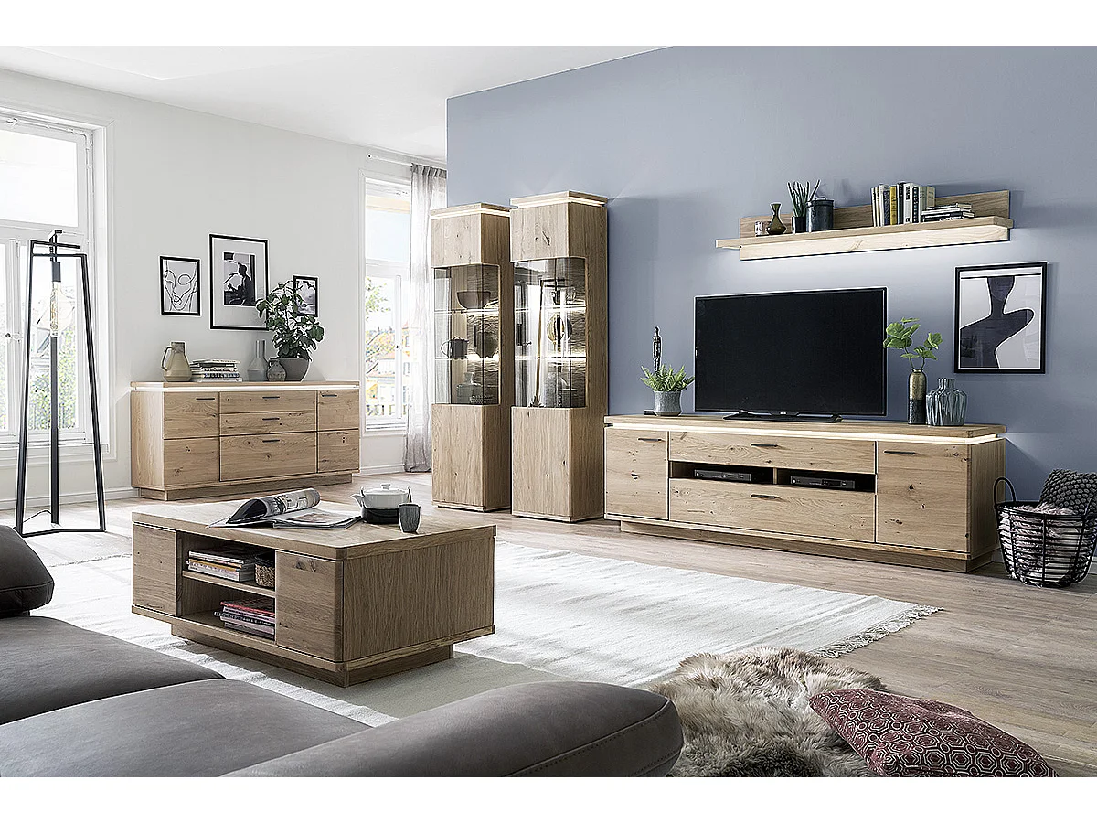 Meuble TV en bois coloris chêne bianco - Longueur 210 x Hauteur 68 x Profondeur 50 cm