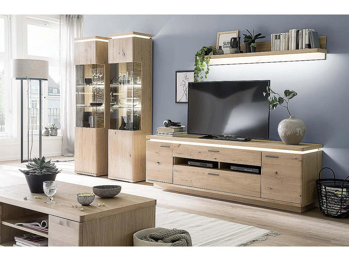 Meuble TV en bois coloris chêne bianco - Longueur 210 x Hauteur 68 x Profondeur 50 cm