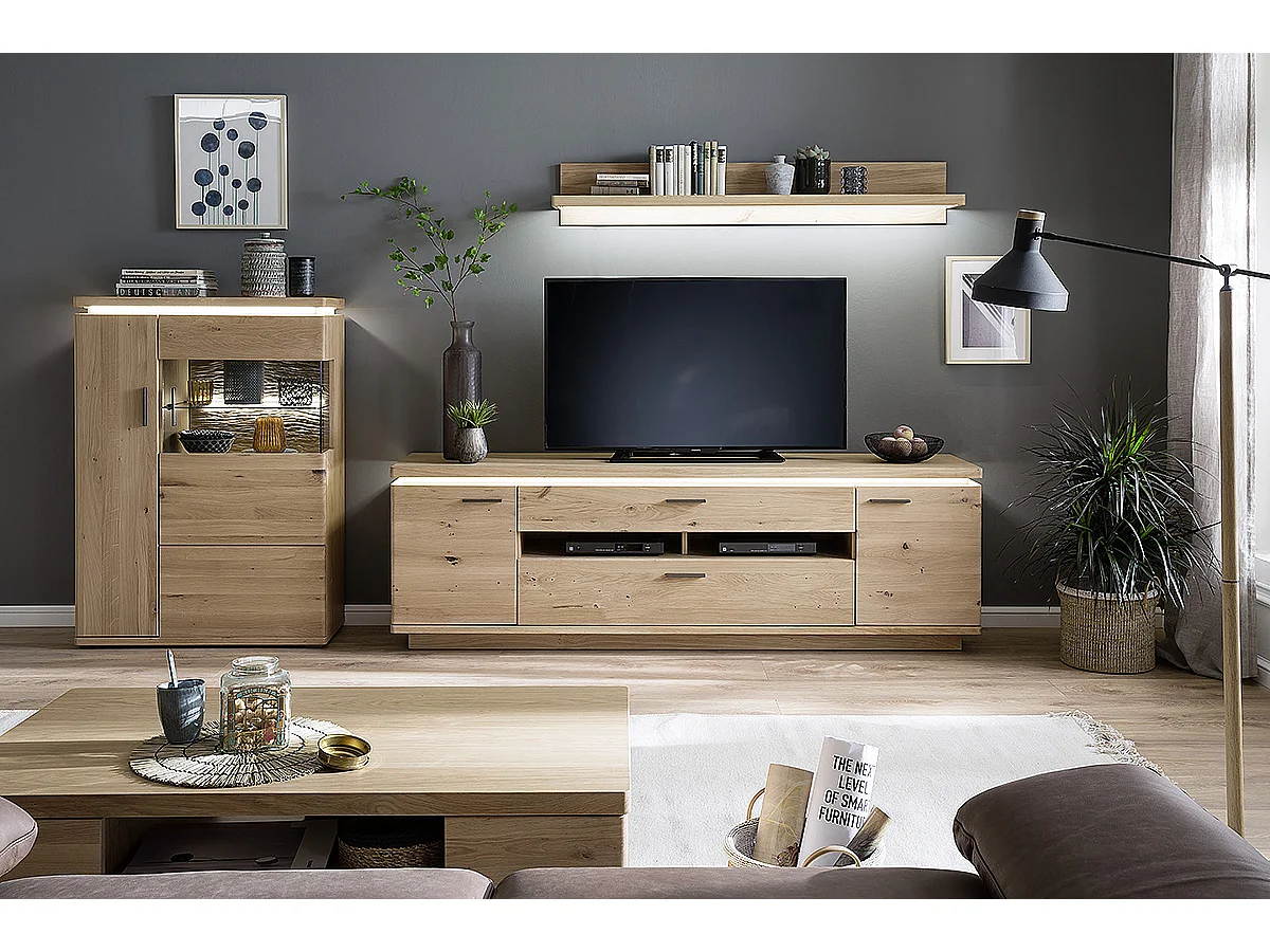 Meuble TV en bois coloris chêne bianco - Longueur 210 x Hauteur 68 x Profondeur 50 cm