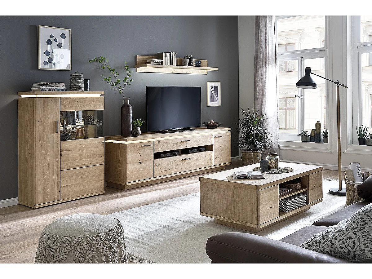 Meuble TV en bois coloris chêne bianco - Longueur 210 x Hauteur 68 x Profondeur 50 cm