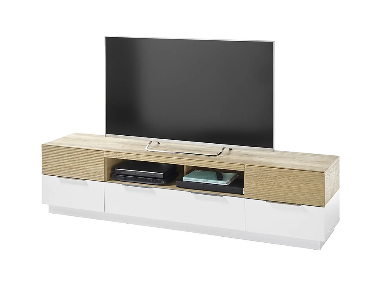 Meuble TV coloris chêne massif, blanc - Longueur 182 x Hauteur 46 x Profondeur 40 cm