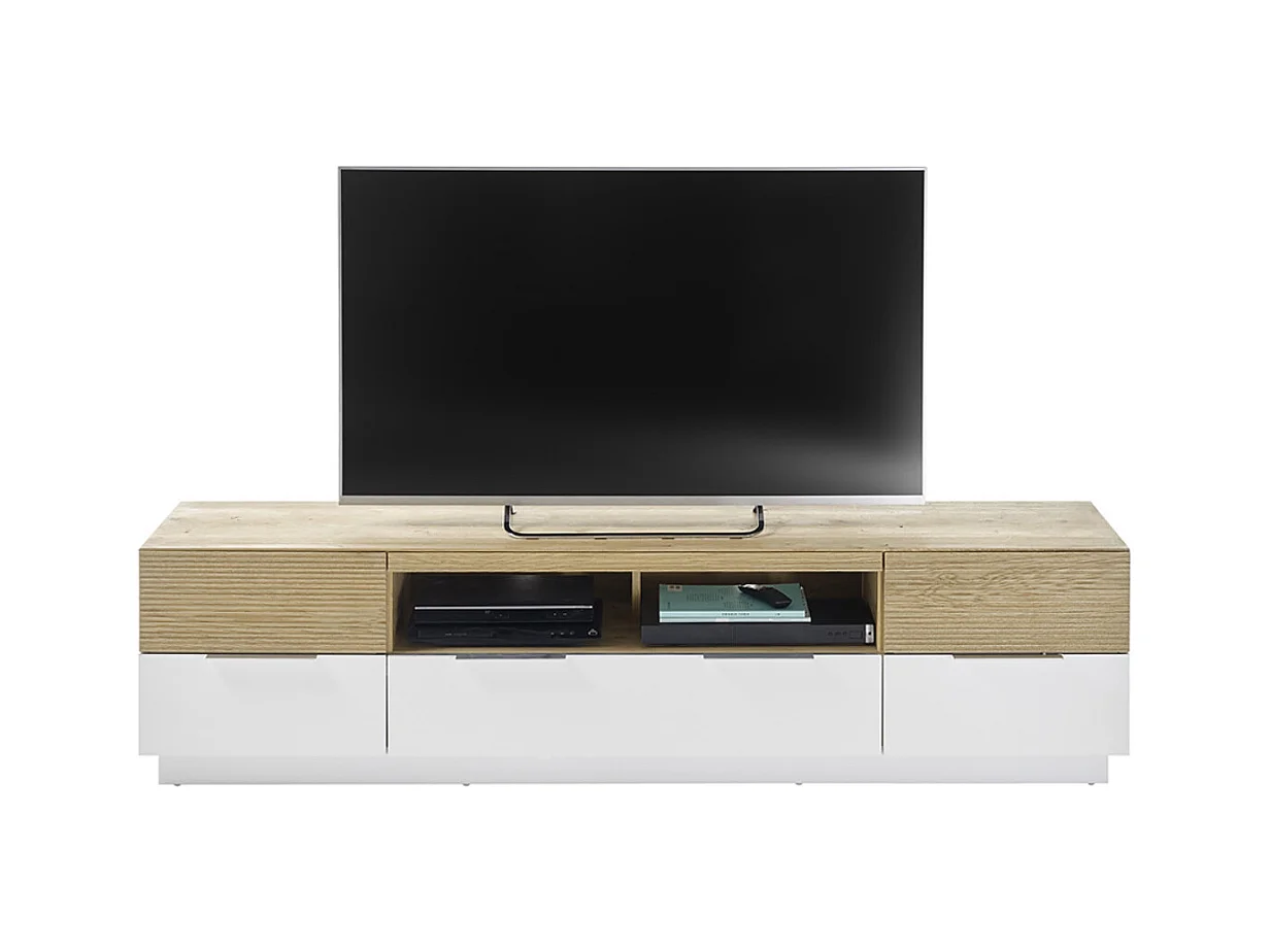Meuble TV coloris chêne massif, blanc - Longueur 182 x Hauteur 46 x Profondeur 40 cm