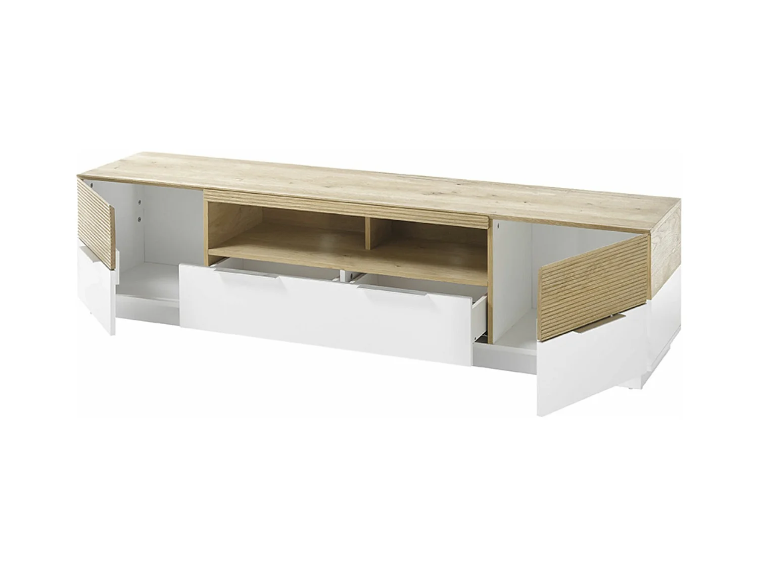 Meuble TV coloris chêne massif, blanc - Longueur 182 x Hauteur 46 x Profondeur 40 cm
