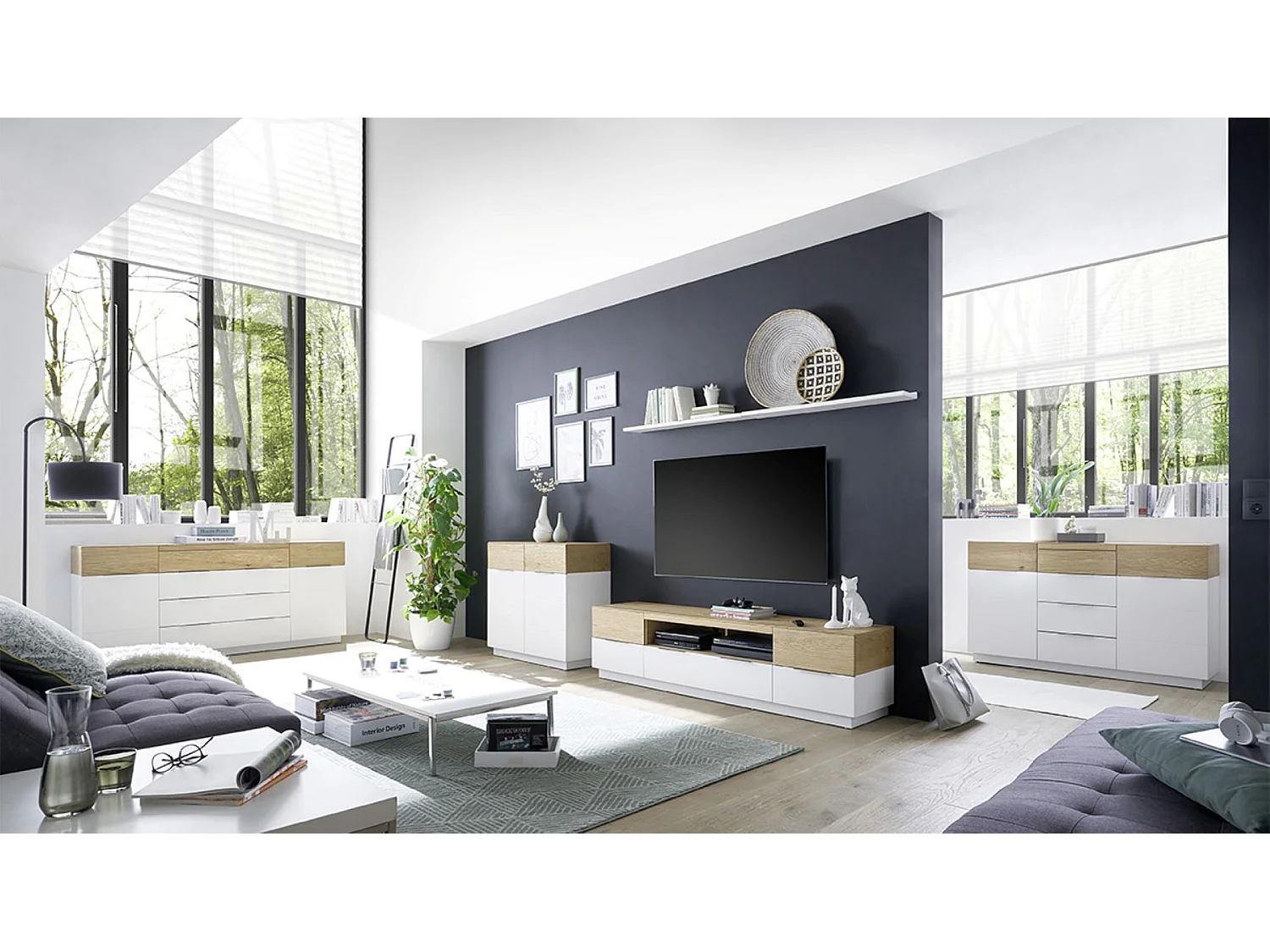 Meuble TV coloris chêne massif, blanc - Longueur 182 x Hauteur 46 x Profondeur 40 cm