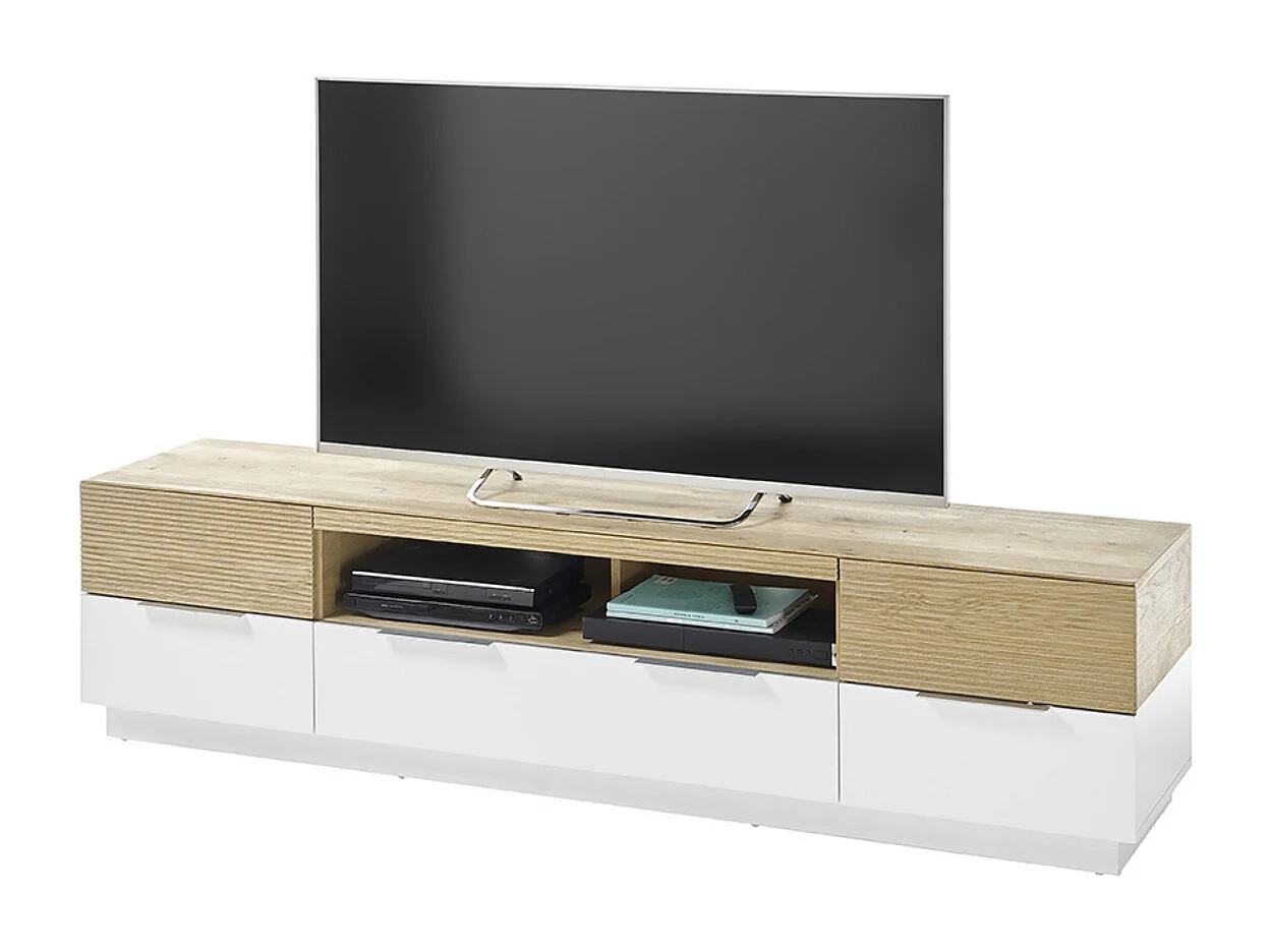 Meuble TV coloris chêne massif, blanc - Longueur 182 x Hauteur 46 x Profondeur 40 cm