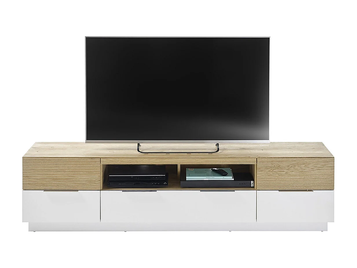 Meuble TV coloris chêne massif, blanc - Longueur 182 x Hauteur 46 x Profondeur 40 cm