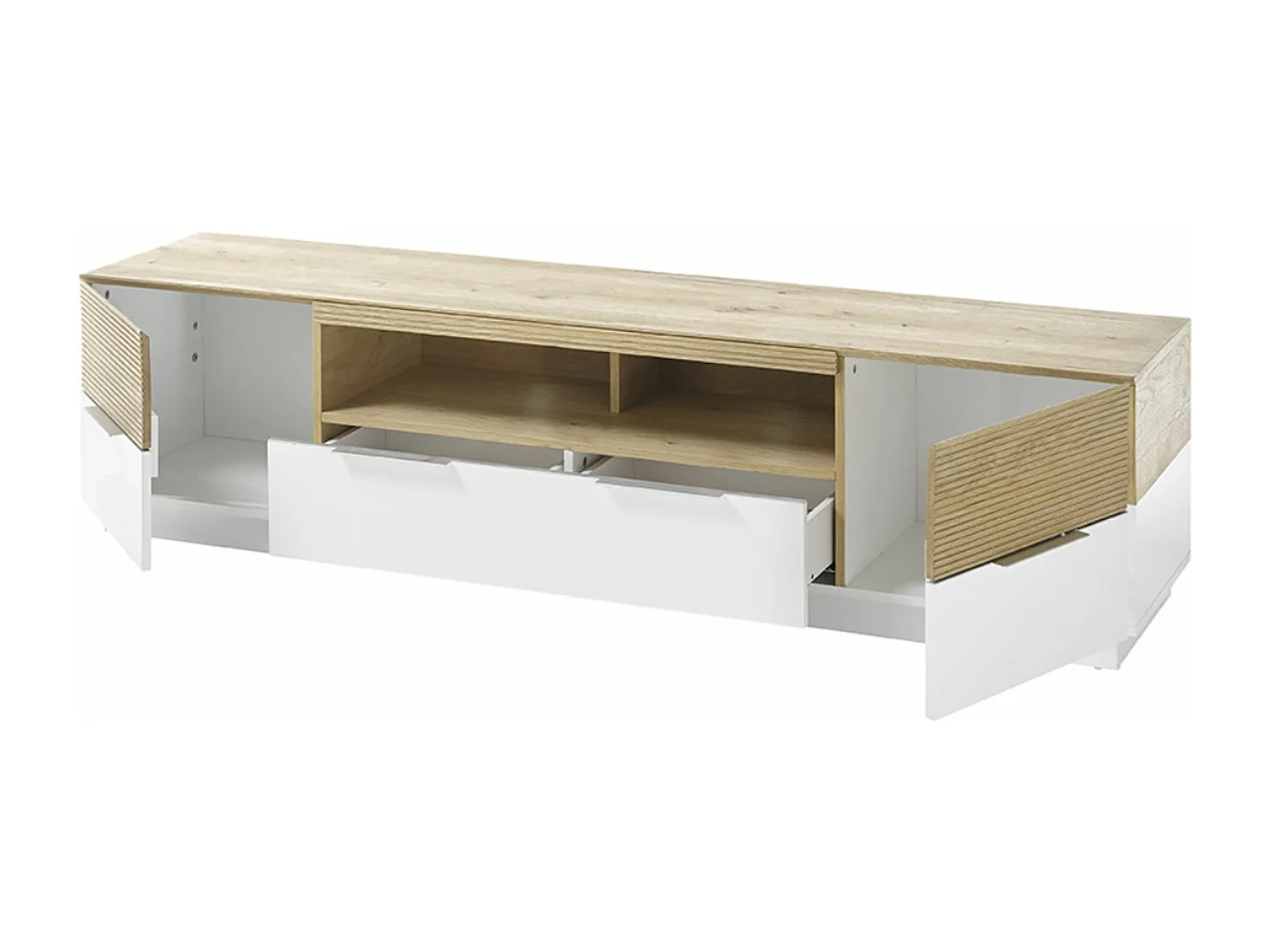 Meuble TV coloris chêne massif, blanc - Longueur 182 x Hauteur 46 x Profondeur 40 cm