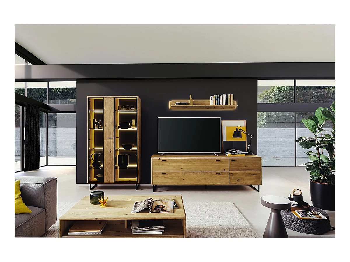 Meuble TV en bois de chêne sauvage huilé - Longueur 209 x Hauteur 68 x Profondeur 50 cm