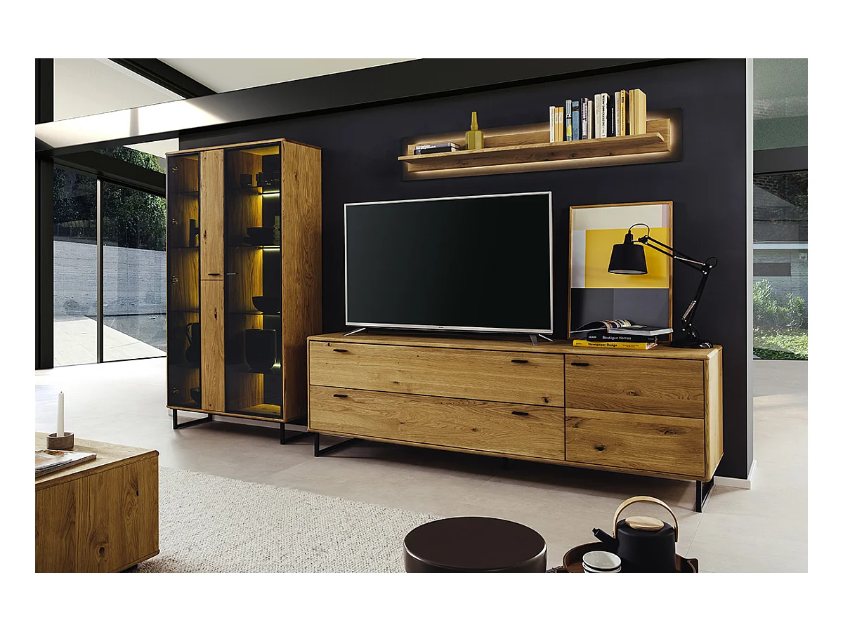 Meuble TV en bois de chêne sauvage huilé - Longueur 209 x Hauteur 68 x Profondeur 50 cm