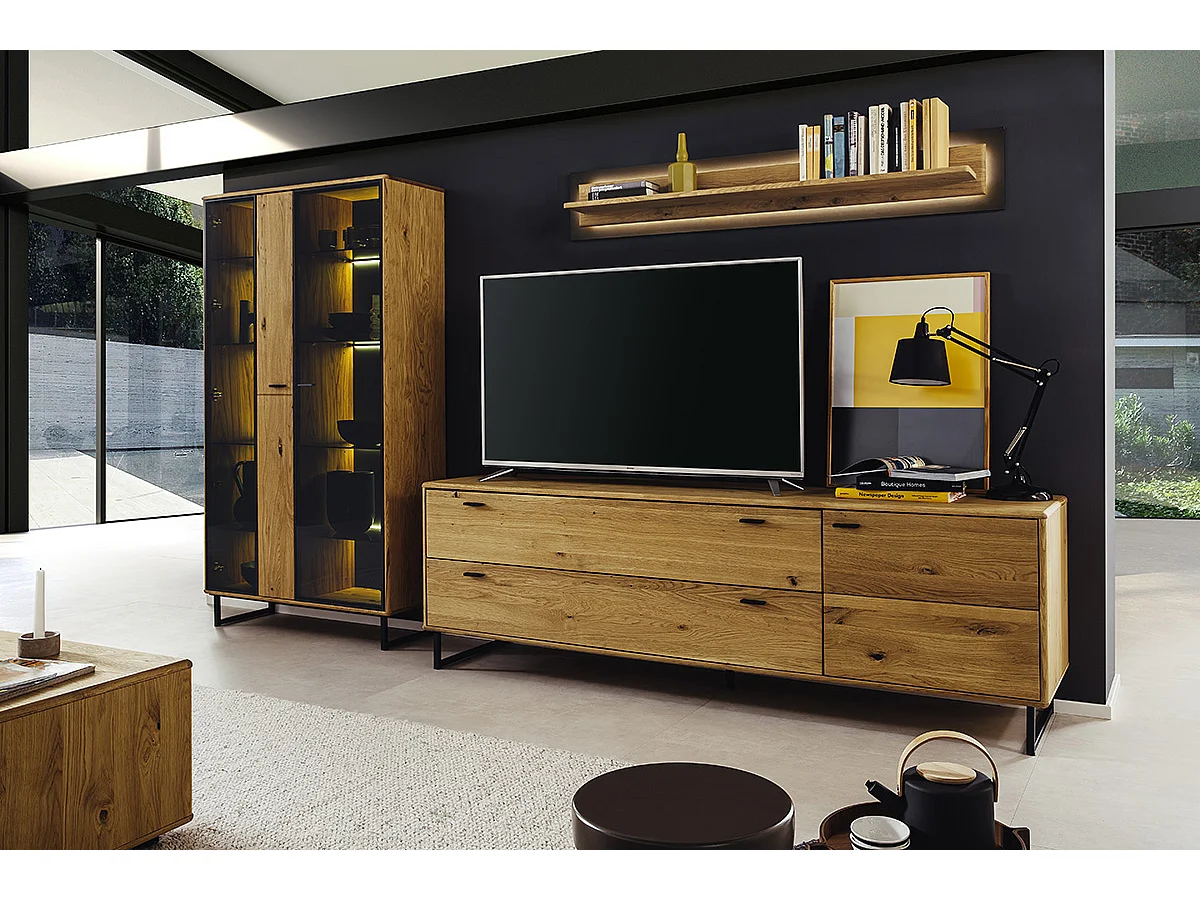 Meuble TV en bois de chêne sauvage huilé - Longueur 209 x Hauteur 68 x Profondeur 50 cm