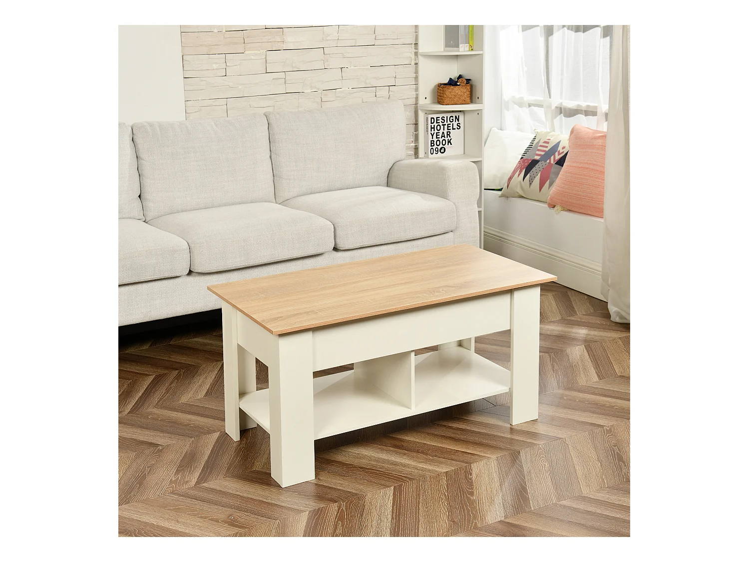 URBAN MEUBLE Table basse avec plateau relevable effet bois et blanc 96*50