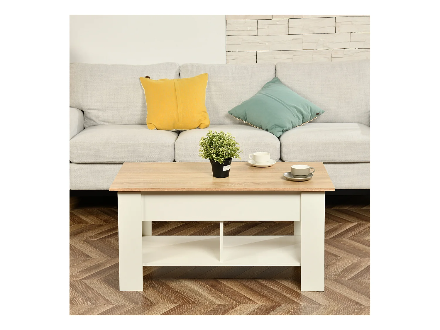URBAN MEUBLE Table basse avec plateau relevable effet bois et blanc 96*50
