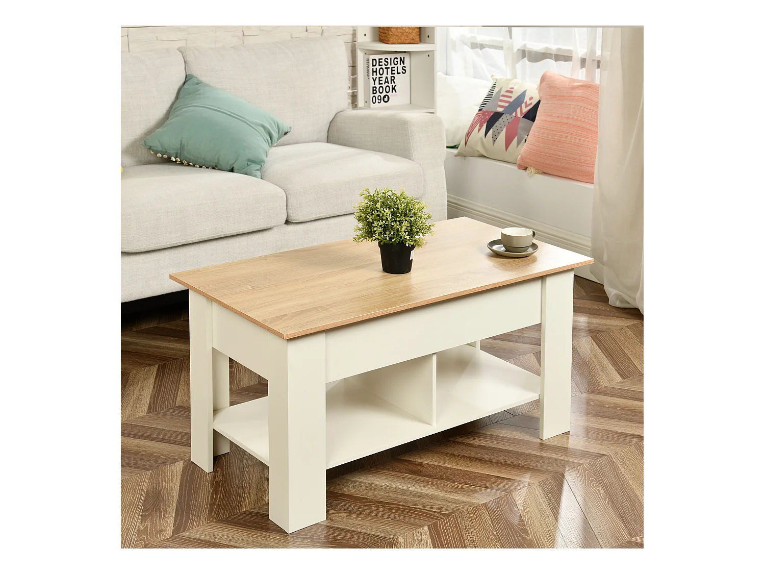 URBAN MEUBLE Table basse avec plateau relevable effet bois et blanc 96*50