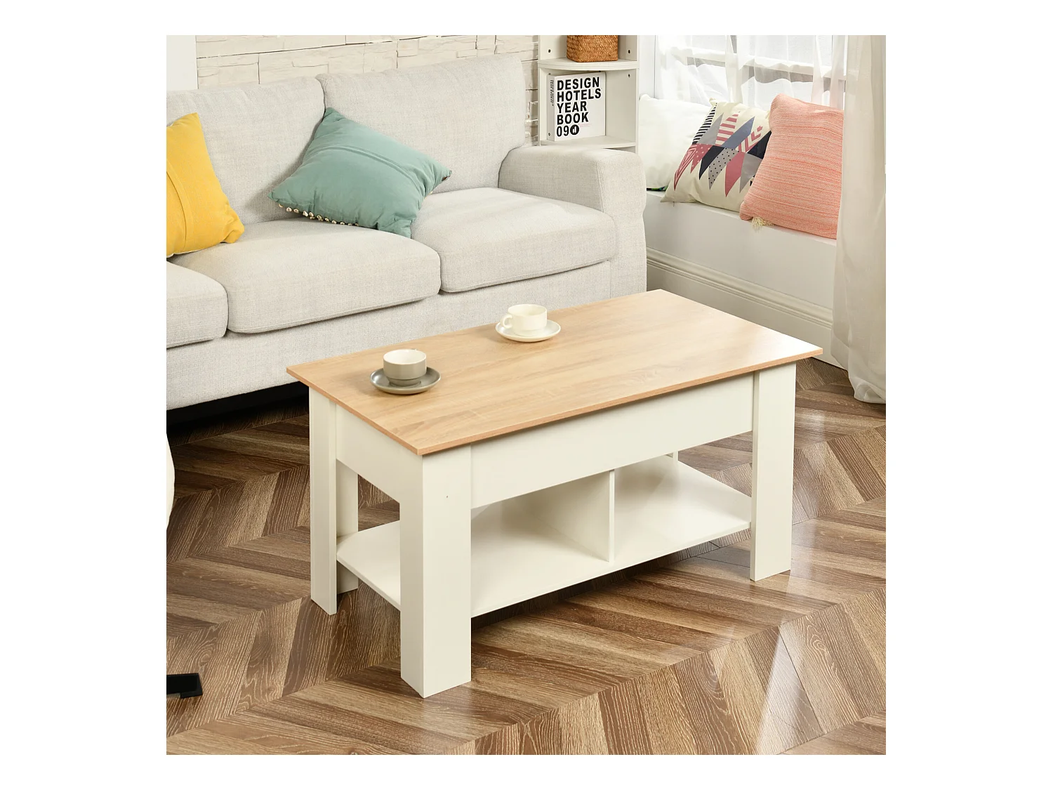 URBAN MEUBLE Table basse avec plateau relevable effet bois et blanc 96*50