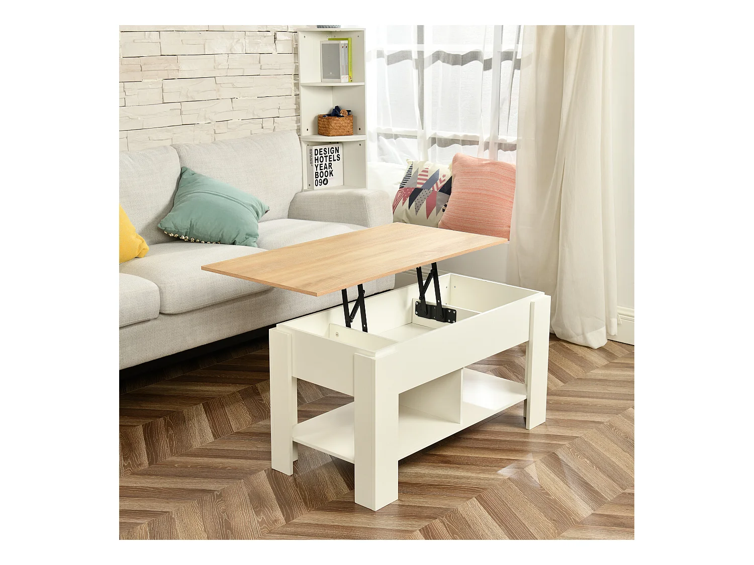 URBAN MEUBLE Table basse avec plateau relevable effet bois et blanc 96*50