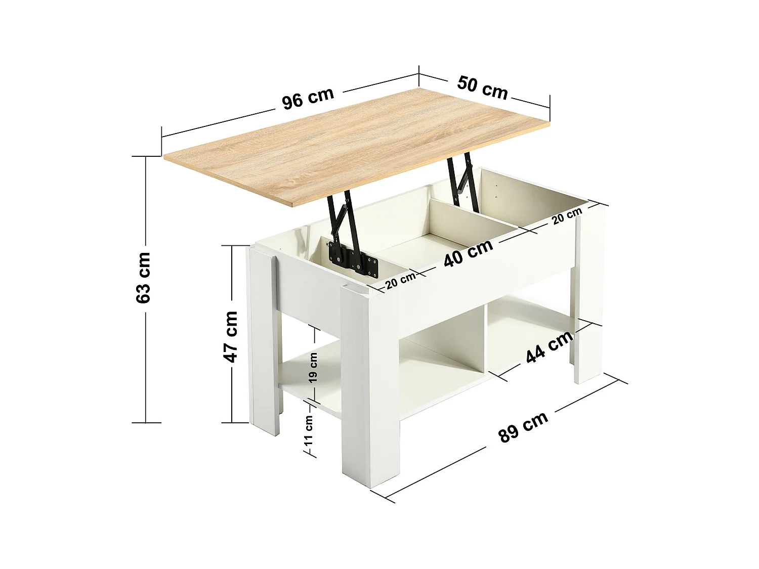 URBAN MEUBLE Table basse avec plateau relevable effet bois et blanc 96*50