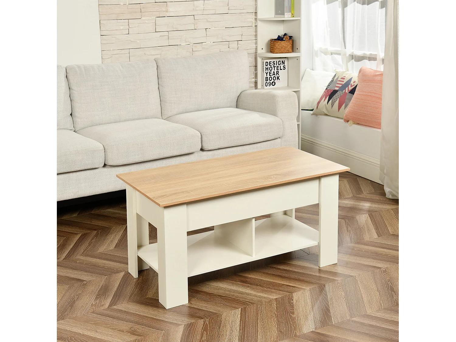 URBAN MEUBLE Table basse avec plateau relevable effet bois et blanc 96*50