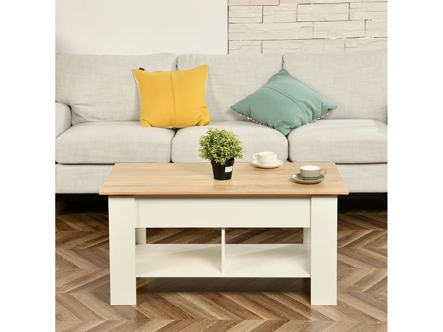 URBAN MEUBLE Table basse avec plateau relevable effet bois et blanc 96*50