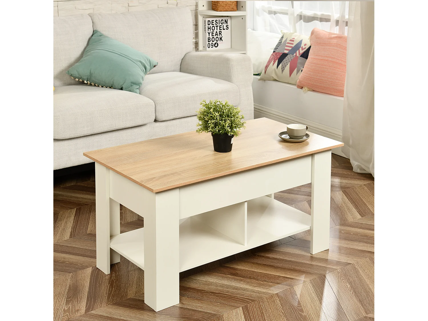 URBAN MEUBLE Table basse avec plateau relevable effet bois et blanc 96*50