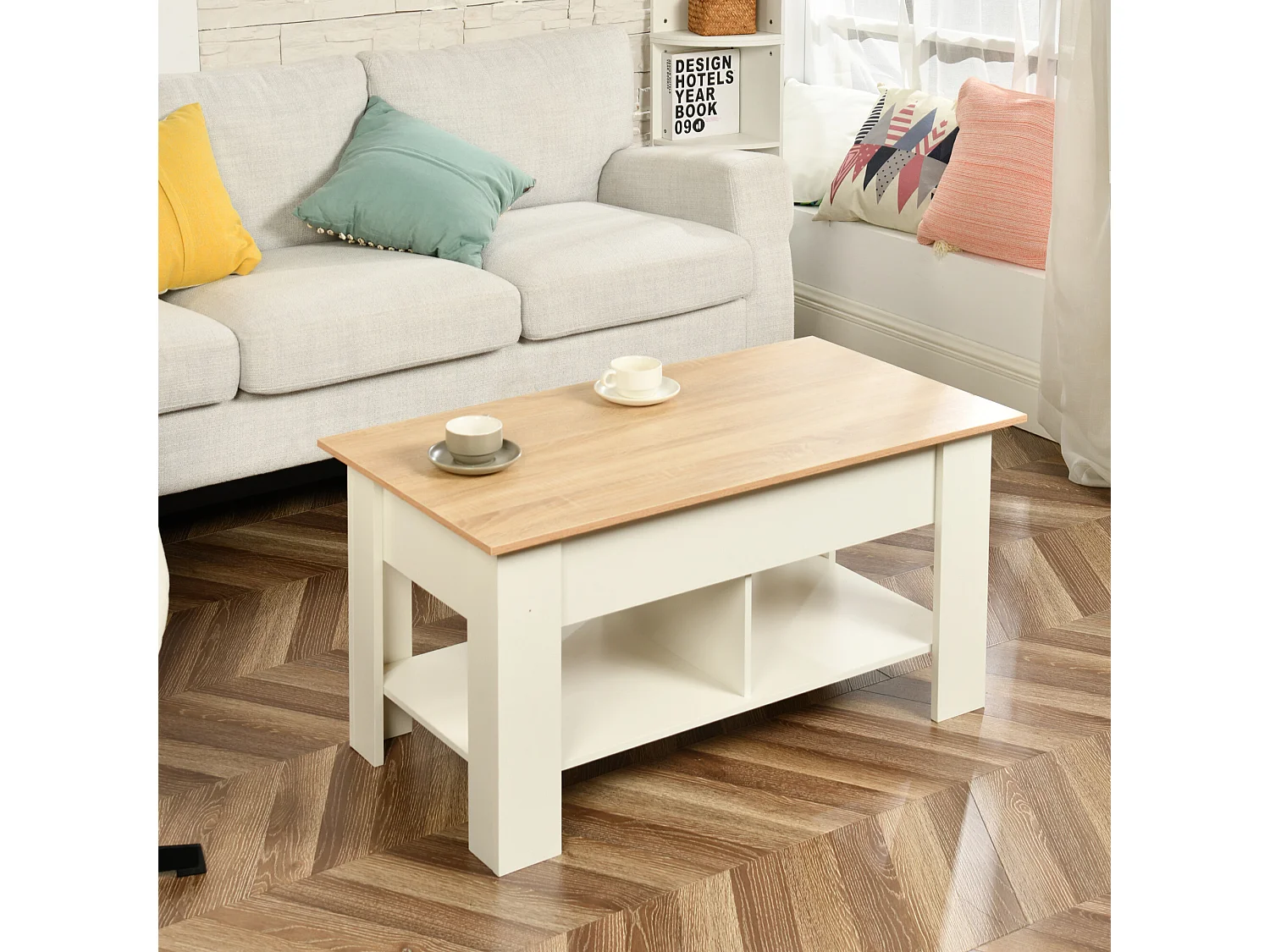 URBAN MEUBLE Table basse avec plateau relevable effet bois et blanc 96*50