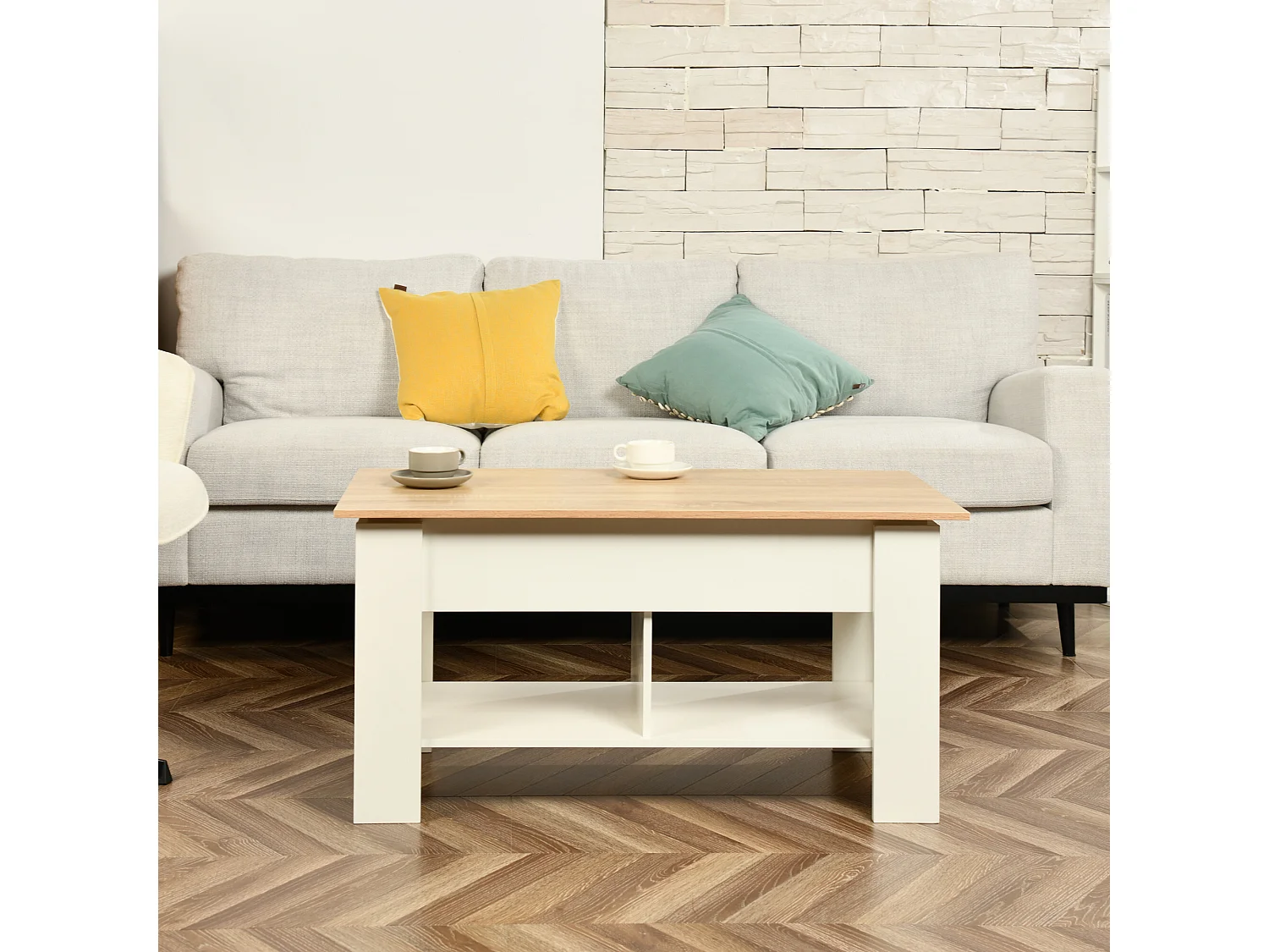 URBAN MEUBLE Table basse avec plateau relevable effet bois et blanc 96*50