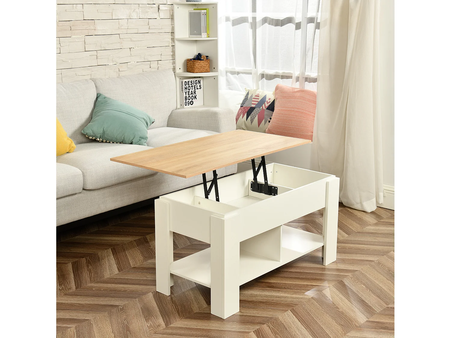 URBAN MEUBLE Table basse avec plateau relevable effet bois et blanc 96*50