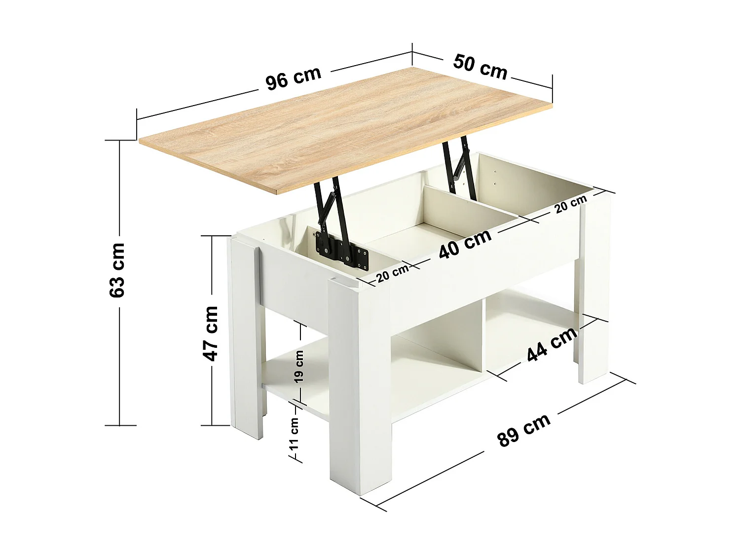 URBAN MEUBLE Table basse avec plateau relevable effet bois et blanc 96*50