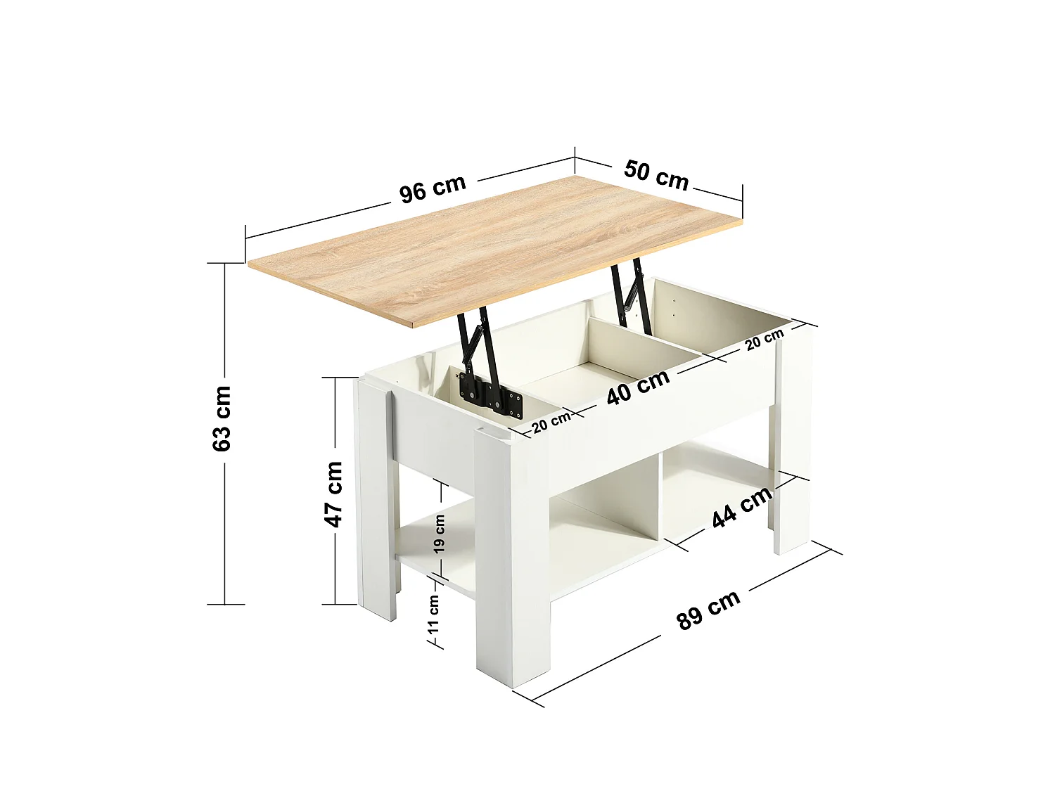 URBAN MEUBLE Table basse avec plateau relevable effet bois et blanc 96*50