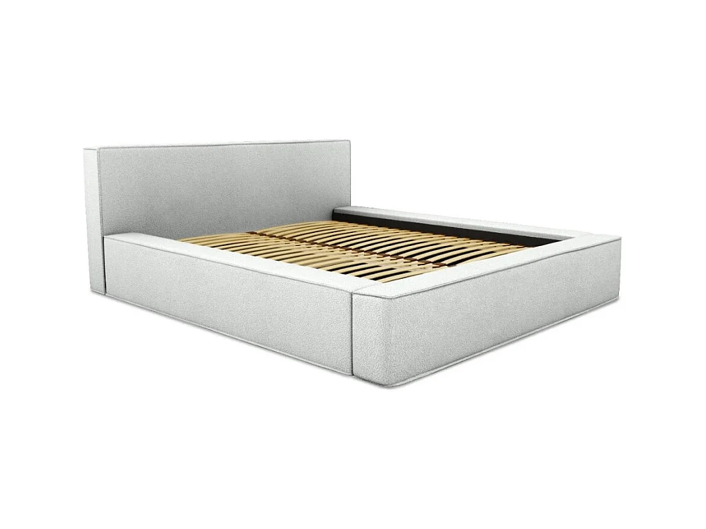Cama con canapé DENALI – Blanco rizado – 160x200 cm – Tela efecto lana – Somier elevable – Almacenamiento integrado