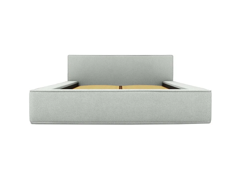 Cama con canapé DENALI – Blanco rizado – 160x200 cm – Tela efecto lana – Somier elevable – Almacenamiento integrado