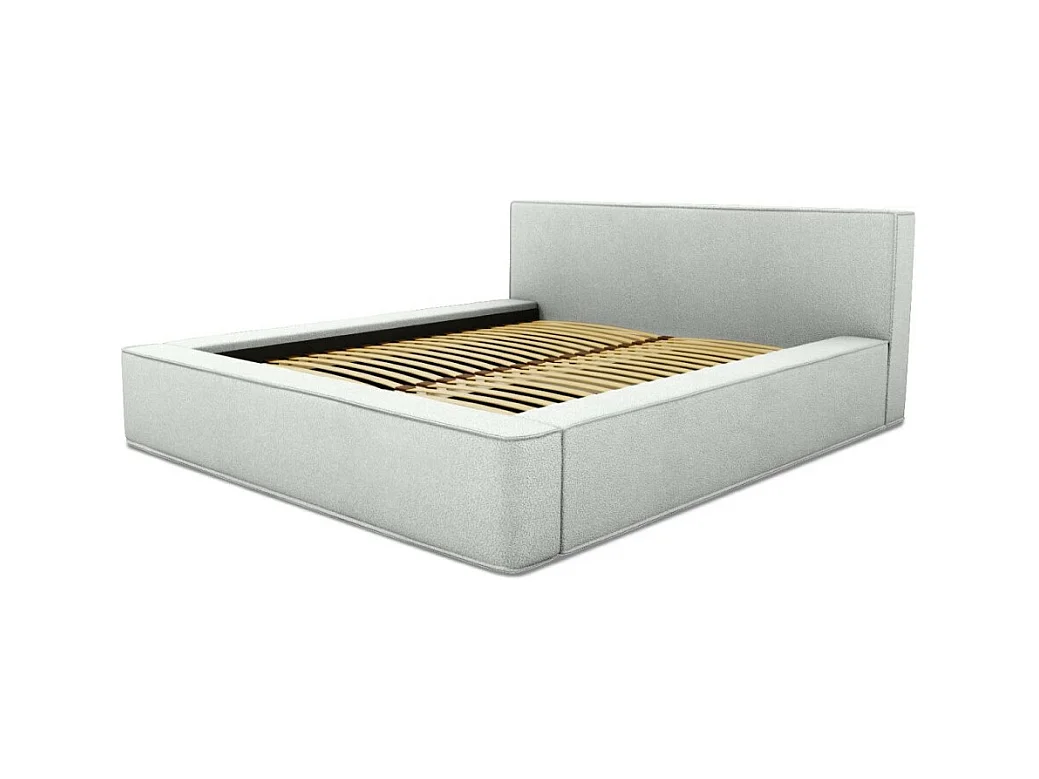 Cama con canapé DENALI – Blanco rizado – 160x200 cm – Tela efecto lana – Somier elevable – Almacenamiento integrado